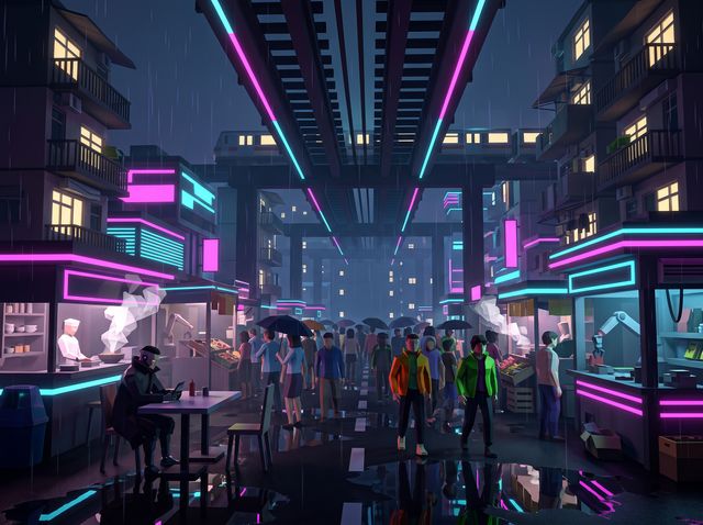 Concept image of Neon market in the rain